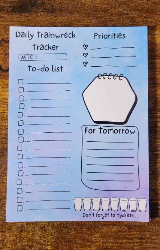 Daily Trainwreck Tracker – Funny 5x7 To‑Do List Notepad with Priorities, Notes, Tomorrow Section & Hydration Tracker