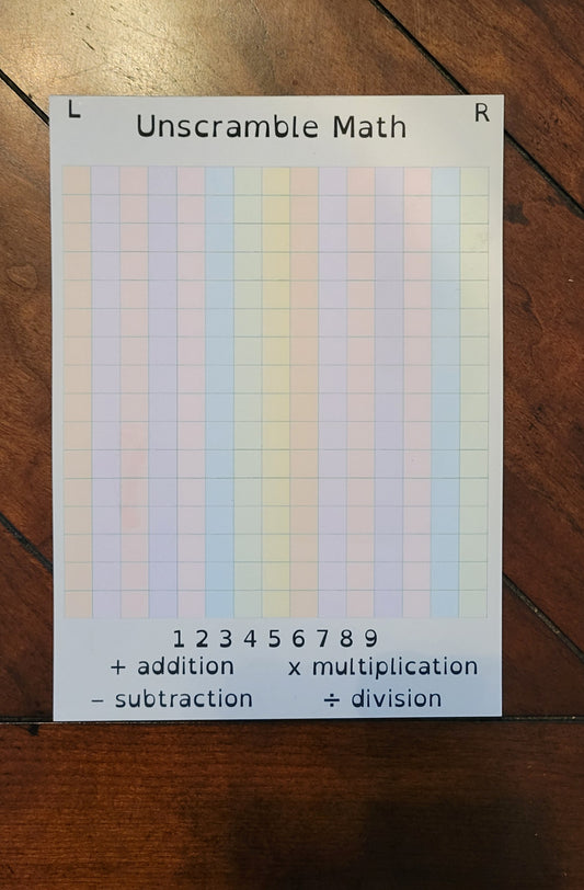 Unscramble Your Math – Dyslexia‑Friendly 5x7 Grid Notepad with Color‑Coded Columns, Number Line & Math Symbol Key